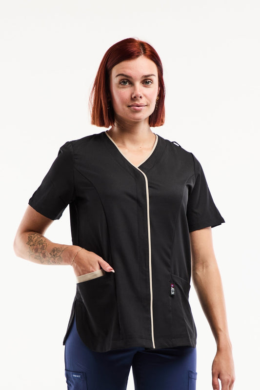 Blouse médicale femme Serena noire stretch ultra douce avec zip blanc