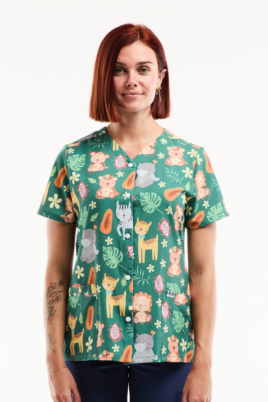 Tunique médicale imprimée jungle animaux savane vert V-neck manches courtes