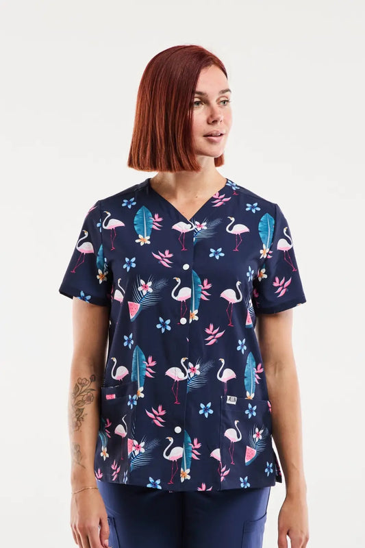 Tunique médicale imprimée femme flamants roses marine