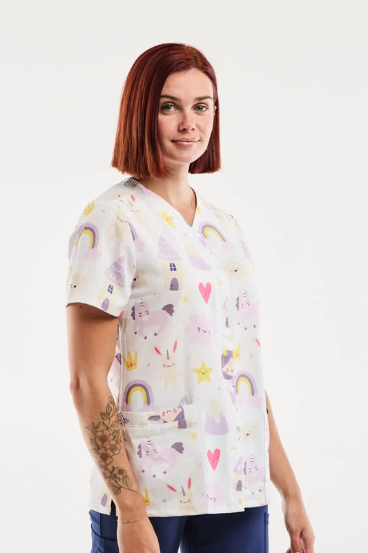 Tunique médicale imprimée femme licornes arc-en-ciel pastel