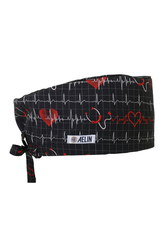 Calot médical noir avec motif EKG rouge et lacets, idéal pour un look médical couvrant