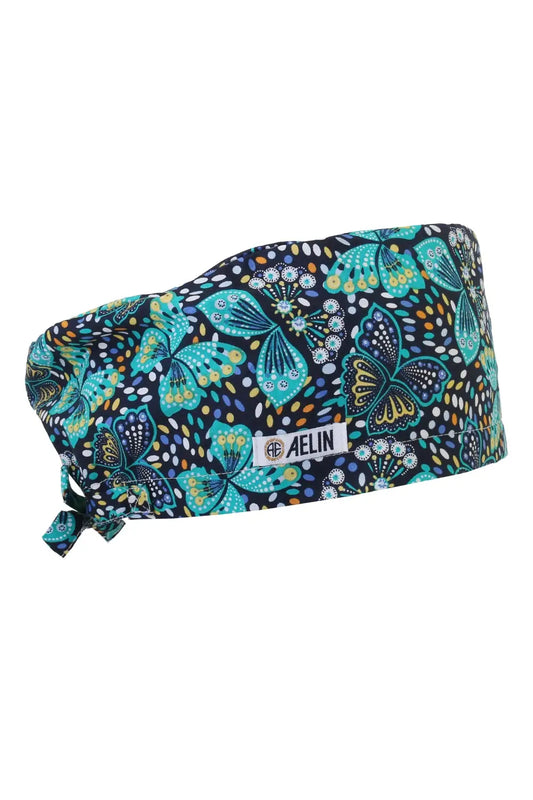 Calot médical couvrant avec motif papillons bleus et turquoise pour professionnels de santé