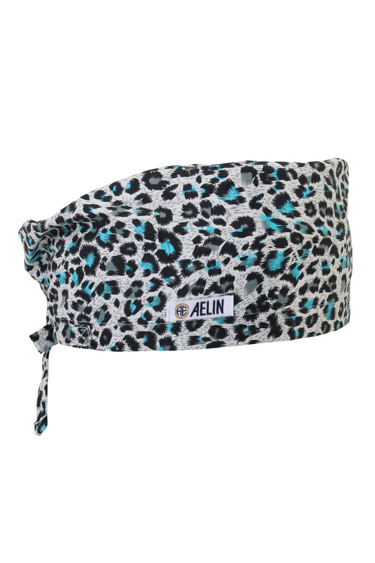 Calot médical couvrant à motif léopard turquoise et noir