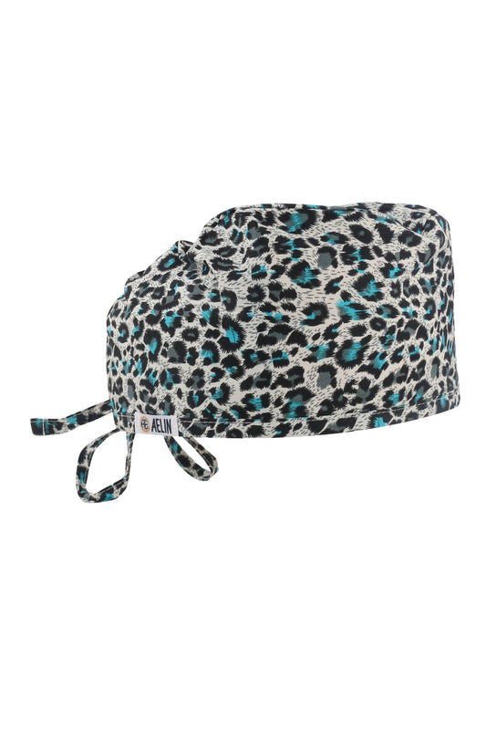 Calot médical Aelin à motif léopard en gris, noir et teal