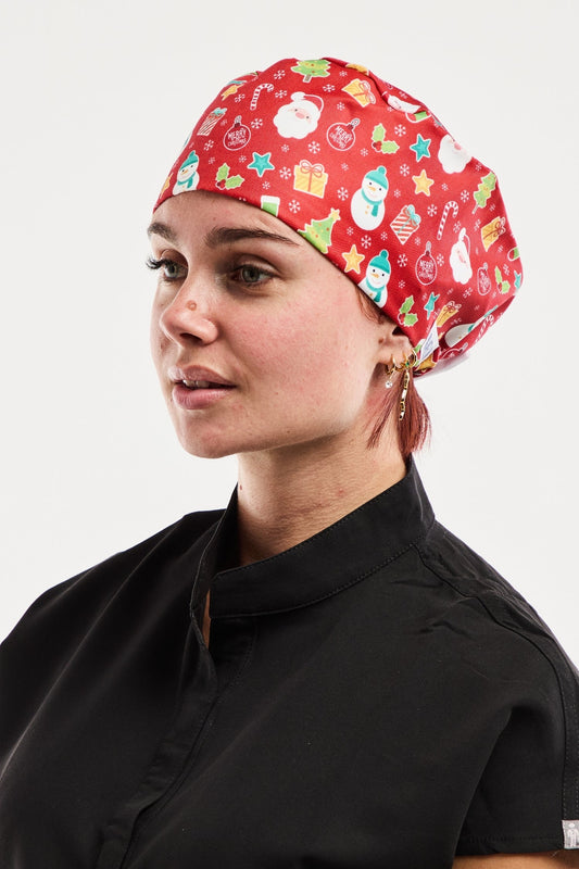 Calot médical Aelin rouge Noël classique, collection Art, coton festif