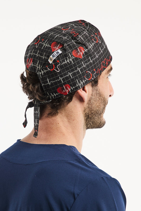 Calot médical Aelin noir avec motif cœur et EKG pour professionnels de santé