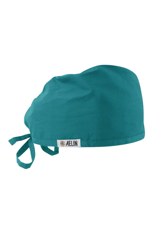 Calot médical vert turquoise taille standard avec fermeture à nouer et étiquette de marque