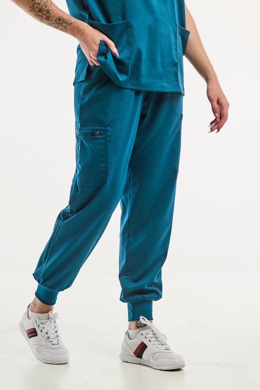 Pantalon médical jogger EMMA vert turquoise avec poignets élastiques pour femme