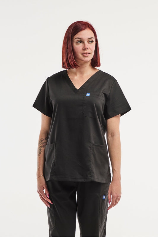 Tunique médicale femme noire EMMA en col, parfaite pour le confort au travail