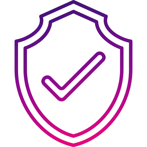 Icône en forme de bouclier avec un symbole de coche à l'intérieur, rendu avec des contours en dégradé violet et rose.