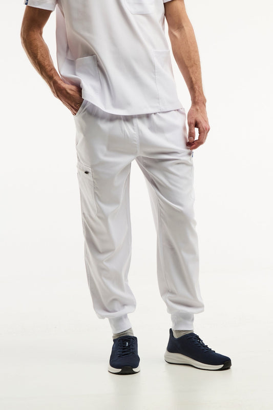 Pantalon médical jogger LUCA blanc pour homme, idéal pour le confort au travail