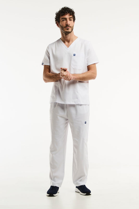 Ensemble médical LUCA pour homme en blanc avec pantalon classique et tunique col