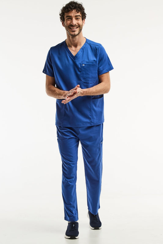 Ensemble médical LUCA homme en bleu roi avec tunique col et pantalon classique