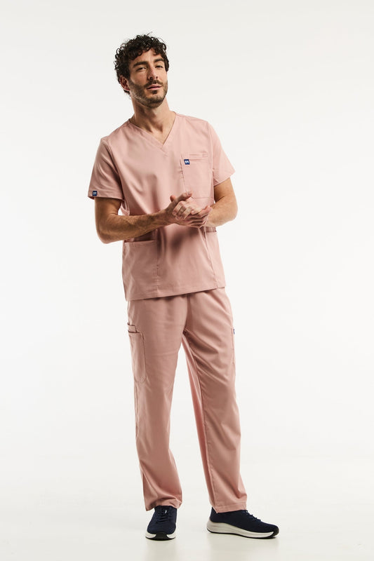 Ensemble médical LUCA homme avec tunique col et pantalon classique rose clair