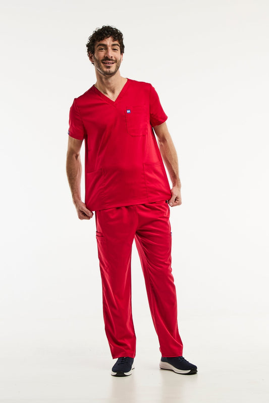 Ensemble médical LUCA homme en rouge, tunique col et pantalon classique