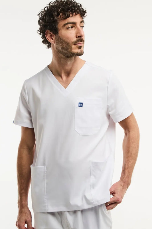 Tunique médicale col blanc pour homme LUCA avec un design moderne en vert turquoise