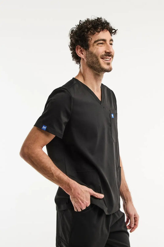 Tunique médicale col noir homme LUCA, vue du dessus du top en V