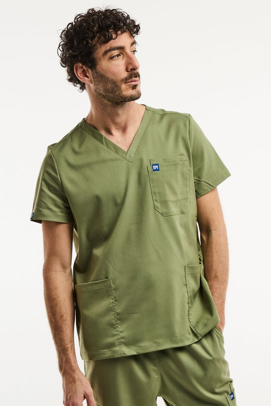 Tunique médicale col homme en vert olive, ensemble de scrubs médicaux LUCA