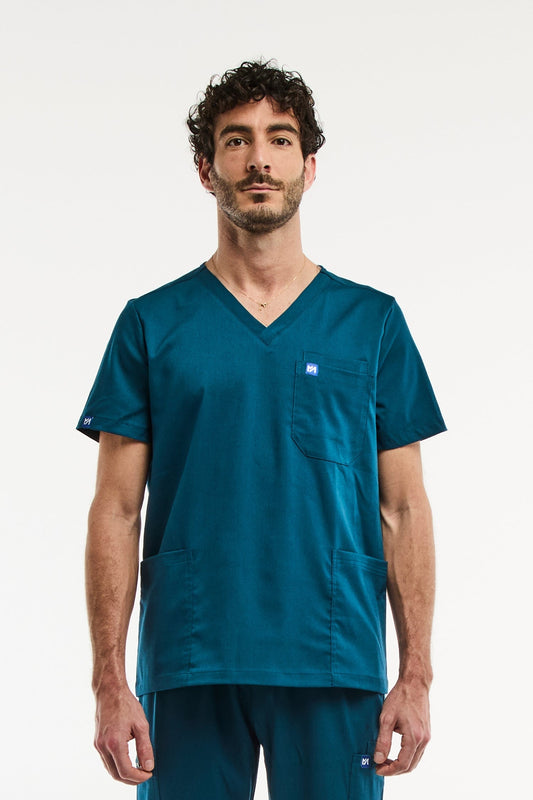 Tunique médicale col homme en vert turquoise, style moderne et confortable