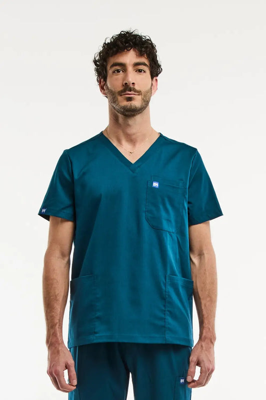 Tunique médicale col homme en vert turquoise, style moderne et confortable