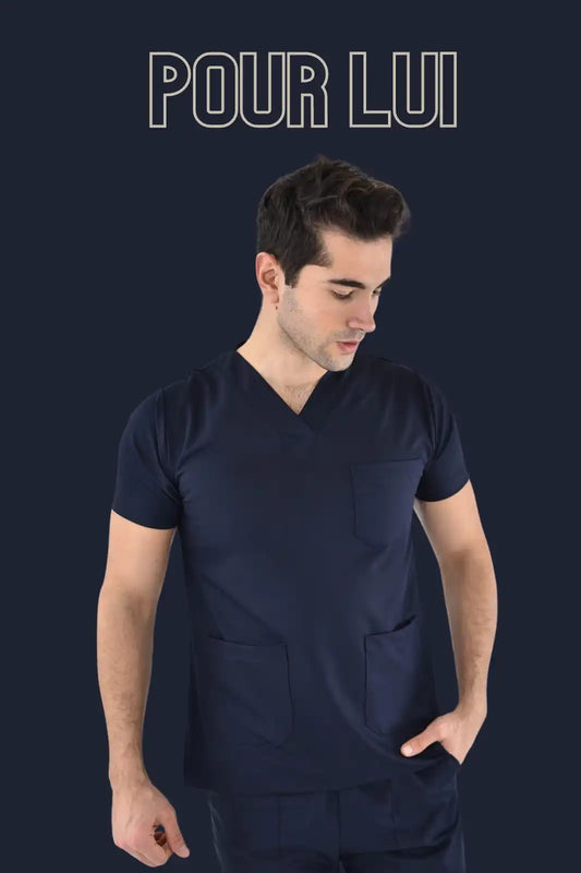 Tunique en scrubs bleu marine à col en v ou uniforme médical.