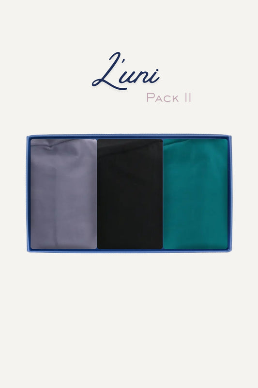 Pack découverte L’uni II : 3 calots pliés gris, noir, teal soyeux