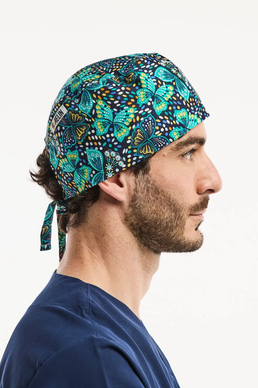 Pack découverte Aelin : bonnet chirurgical turquoise marine motifs papillons