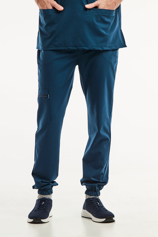 Pantalon médical bleu turquoise avec poignets élastiques pour homme, slimfit élégant