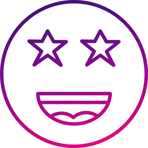 Dessin en ligne violet d'un emoji souriant avec des yeux en forme d'étoile.
