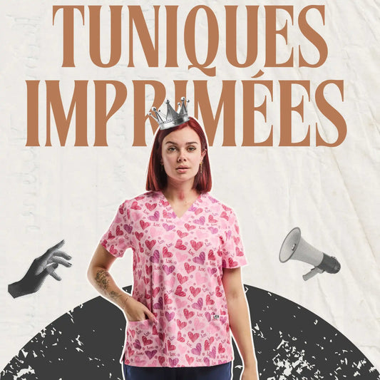 Blouse de soin à motif cœur rose.