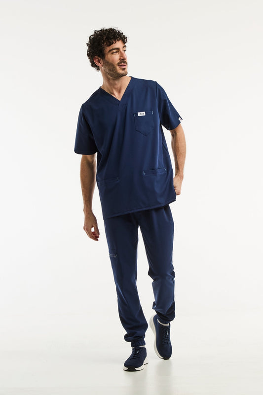 Uniforme médical bleu marine, composé d’une blouse, modèle Slimfit pour homme