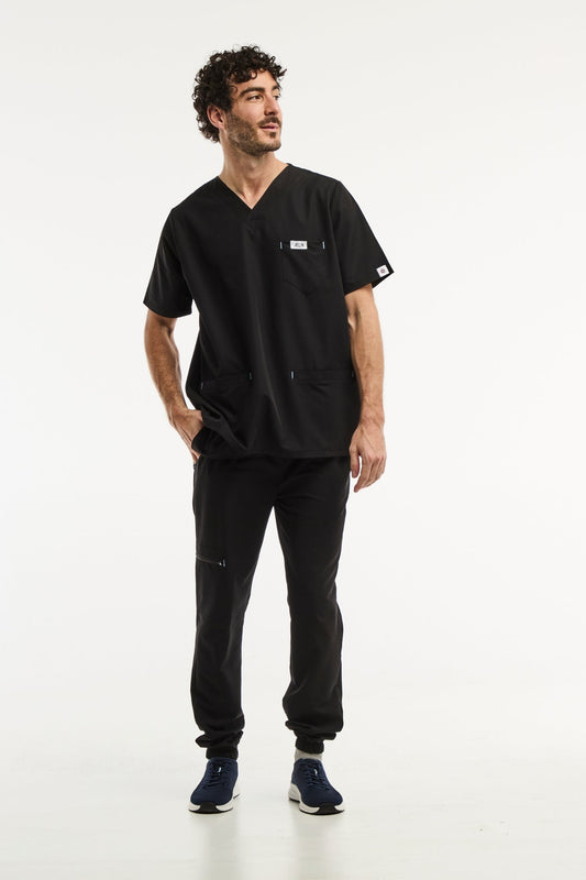 Uniforme médical noir, Slimfit pour homme, composé d’une blouse et d’un pantalon
