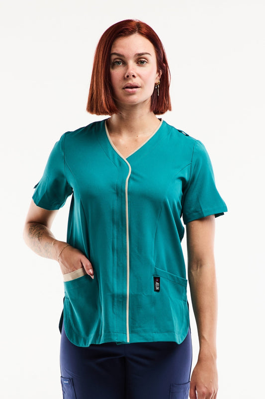 Blouse médicale Serena femme en bleu turquoise stretch ultra douce avec fermeture éclair et poches