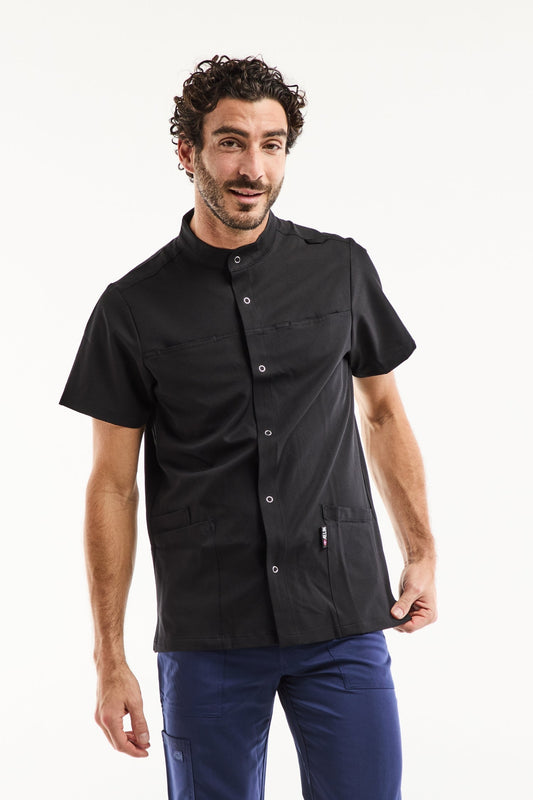 Blouse médicale homme noire à col officier moderne, tissu technique stretch
