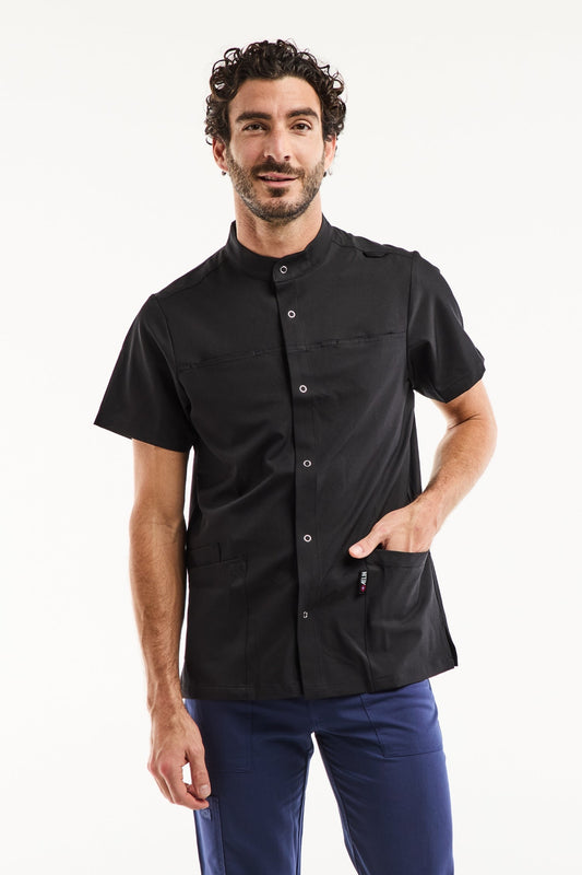 Blouse médicale homme col officier moderne en tissu technique noir