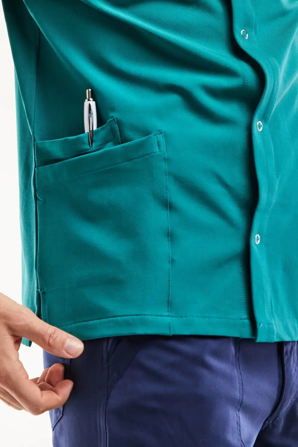 Blouse médicale homme en tissu technique vert turquoise avec col officier moderne