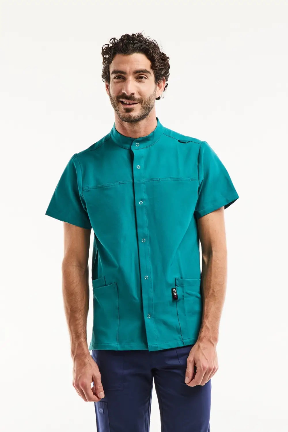 Blouse médicale homme stretch ultra douce vert turquoise, col officier moderne
