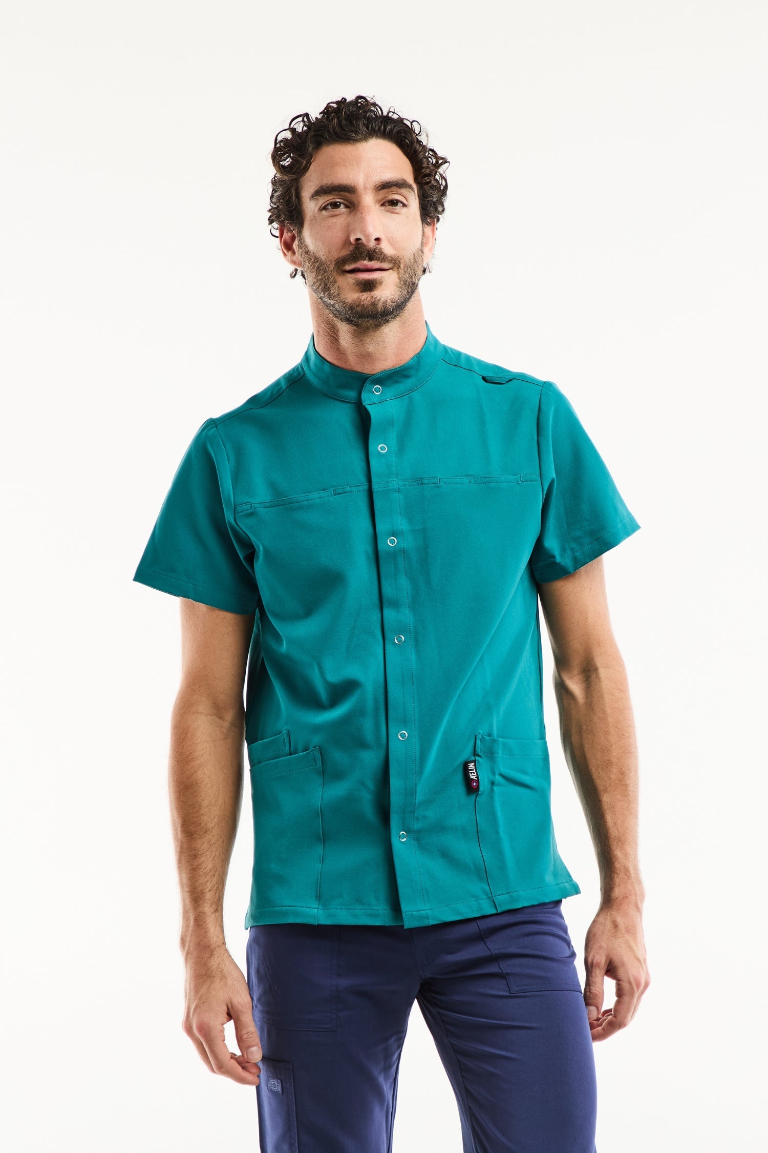 Blouse médicale homme col officier moderne vert turquoise stretch