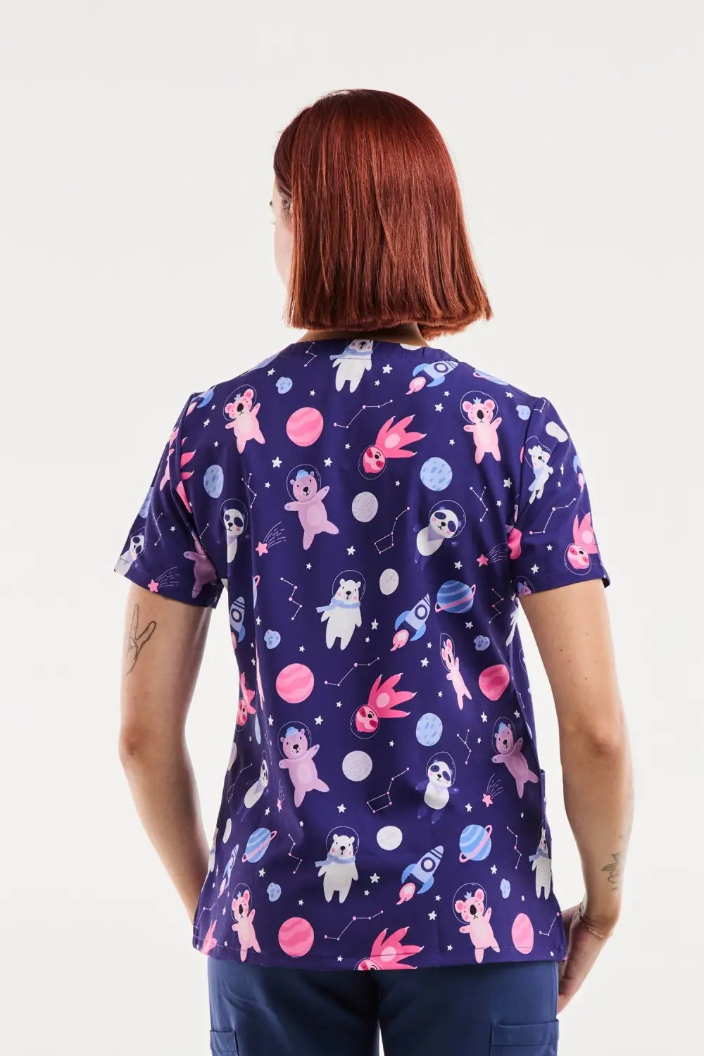 Tunique médicale imprimée femme espace animaux stretch