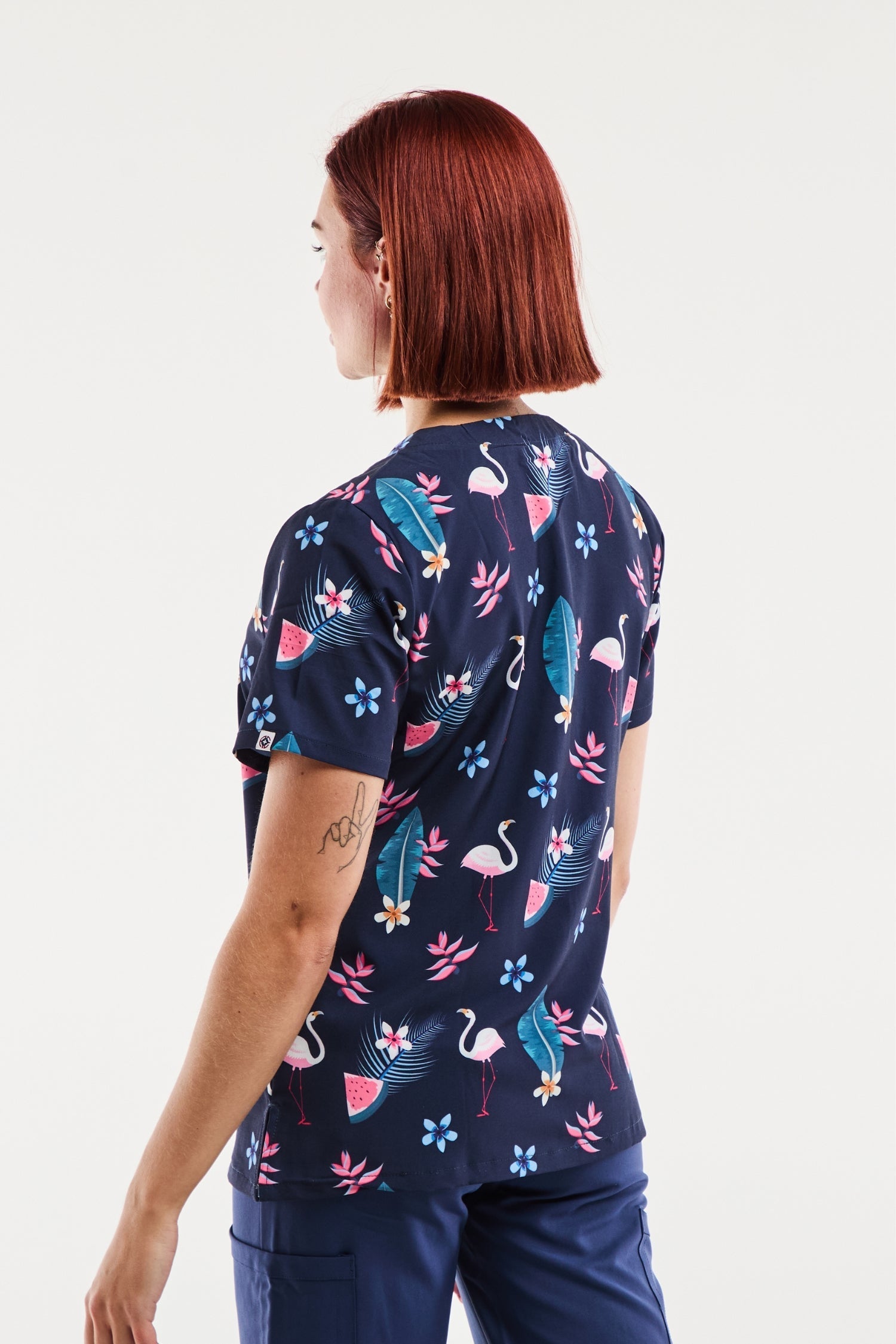 Tunique médicale imprimée femme flamants roses marine