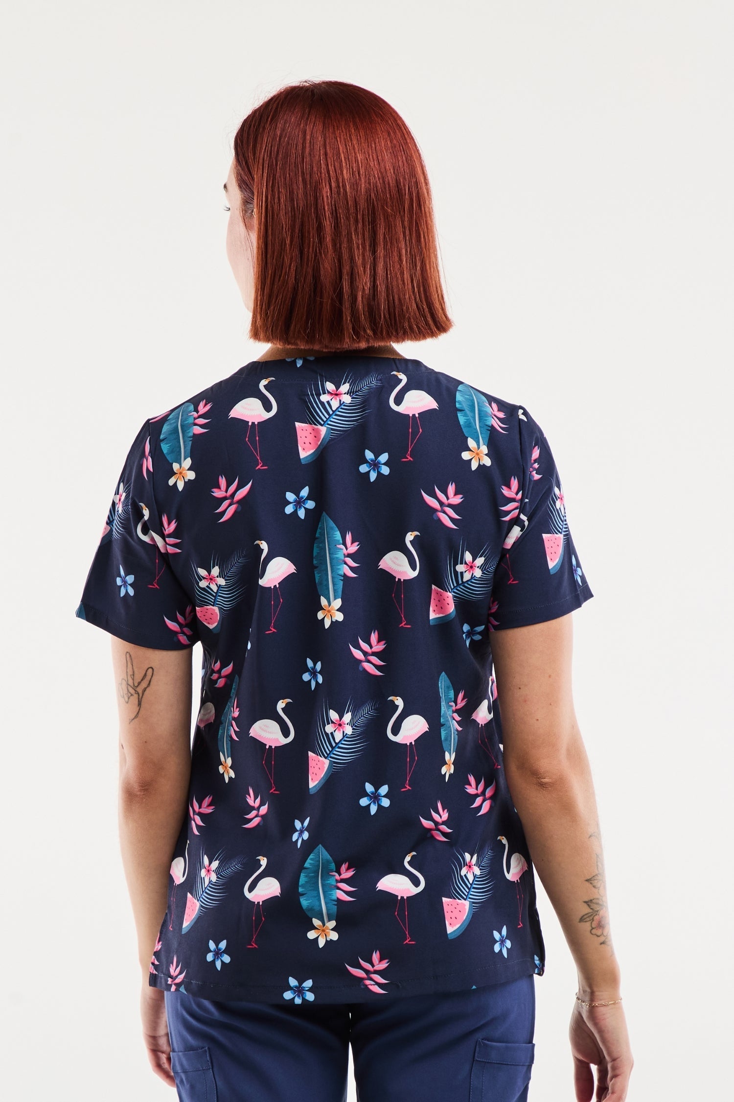 Tunique médicale imprimée femme Flamants Roses Marine avec flamingos et feuilles
