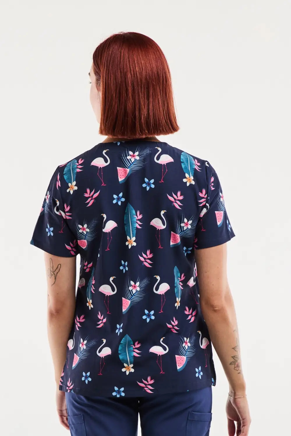 Tunique médicale imprimée femme Flamants Roses Marine avec flamingos et feuilles