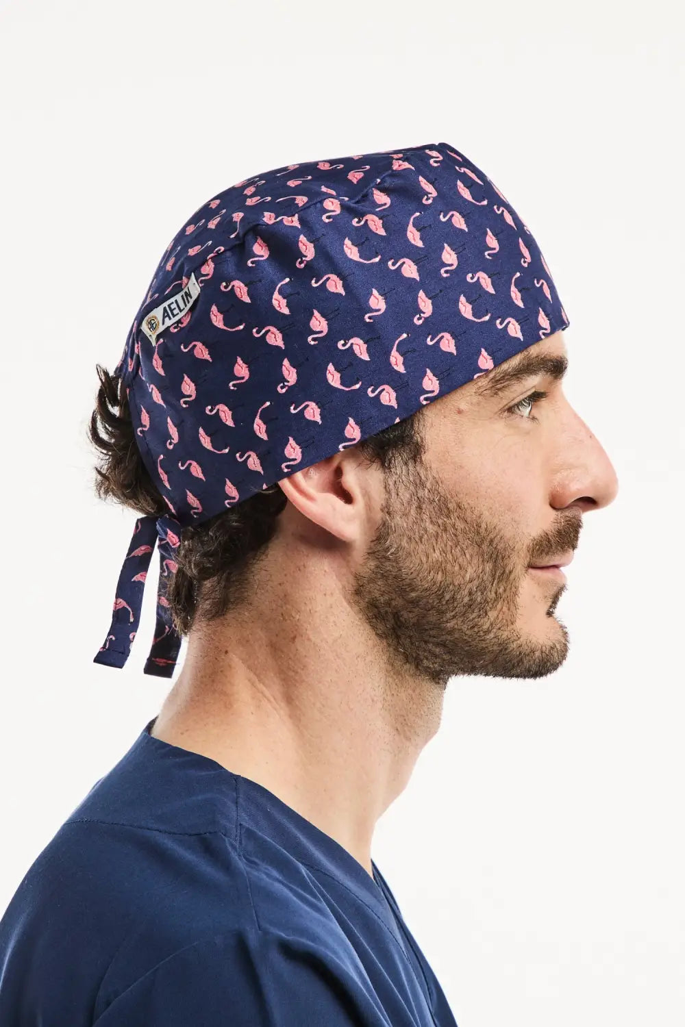 Calot médical bleu marine imprimé flamant pour cheveux courts, modèle Aelin