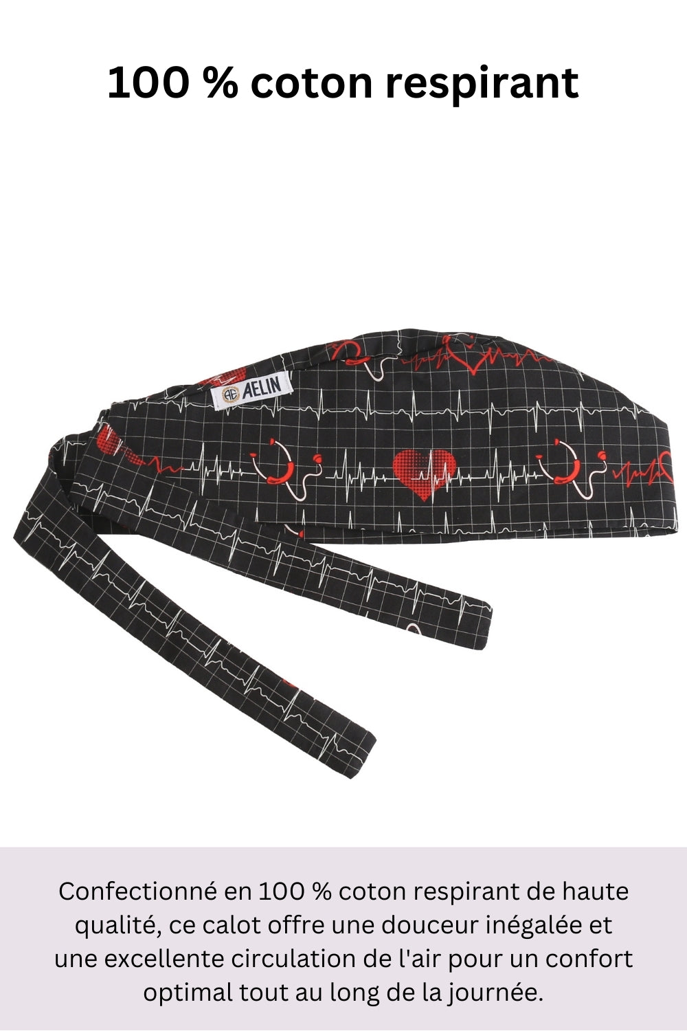 Calot médical noir en coton avec motif cœur rouge et liens, modèle Aelin