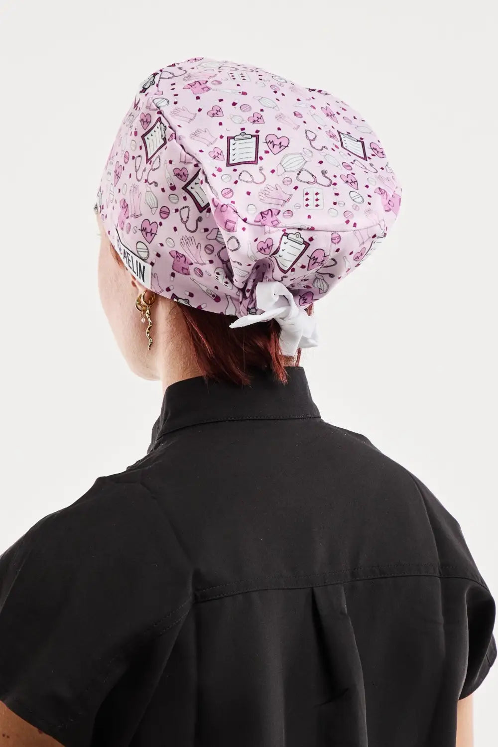 Calot médical Aelin rose à motifs géométriques et nœud blanc