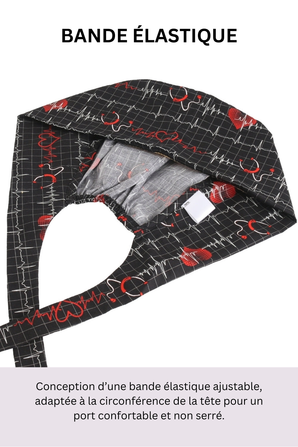 Calot médical Aelin avec bandeau élastique noir et motif formule chimique rouge