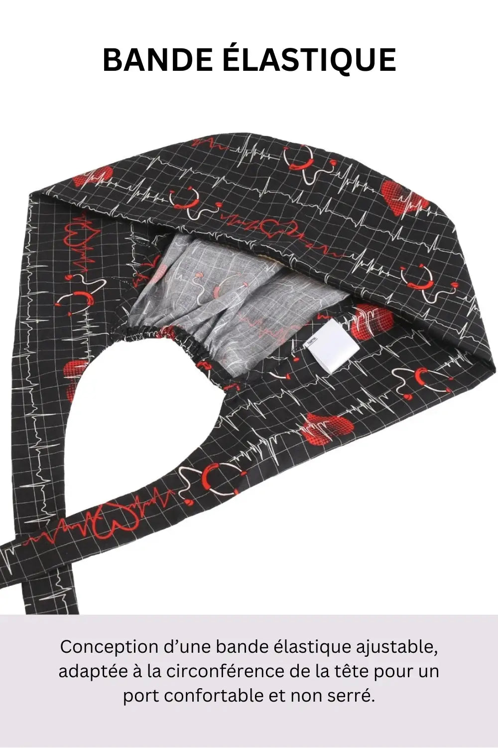 Calot médical Aelin noir avec motifs rouges sur bande élastique, idéal pour cheveux courts