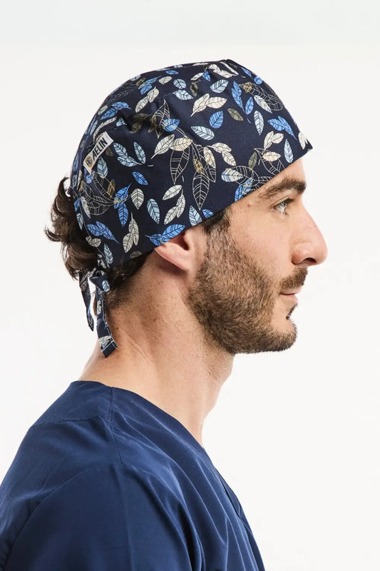 Calot médical Aelin bleu marine avec motif de feuilles pour cheveux courts