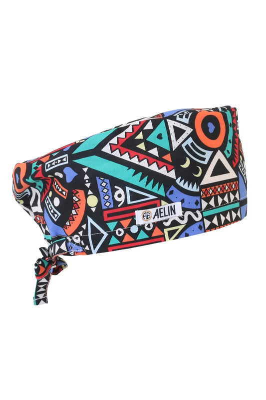 Calot médical couvrant avec motifs tribaux colorés turquoise, orange et noir