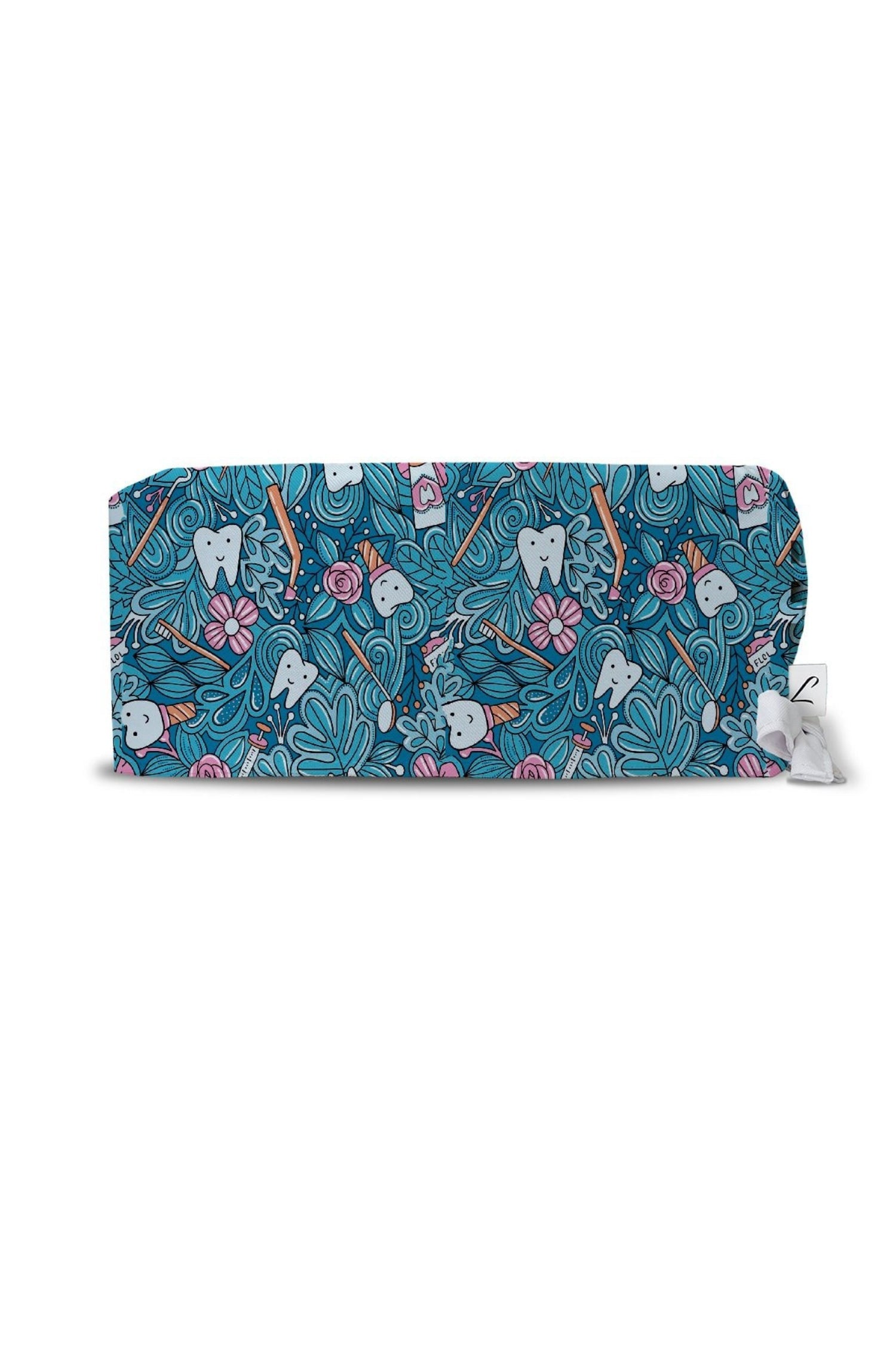 Calot médical Aelin dentisterie florale en tissu teal à motifs dents